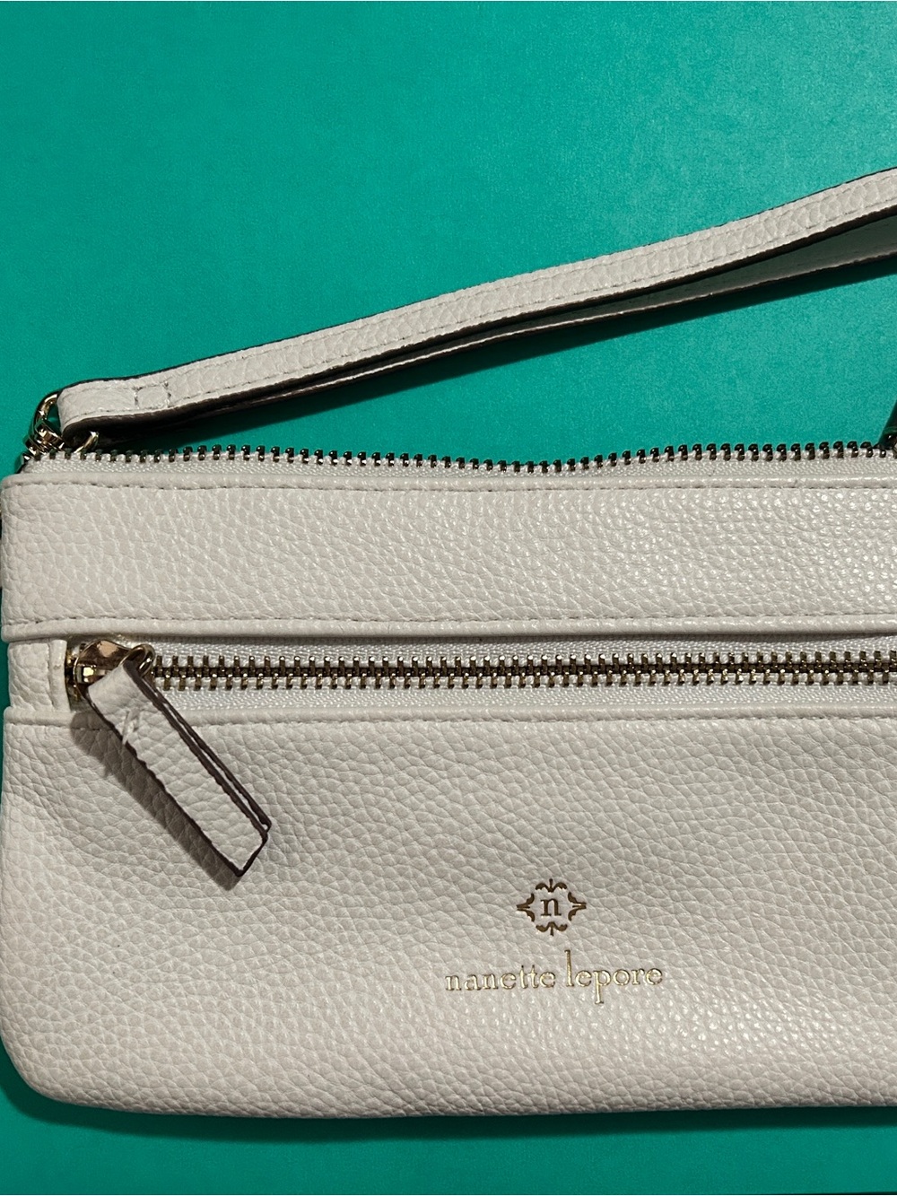 Nanette Lepore White Pebbled Leather Wristlet with Gold Hardware
